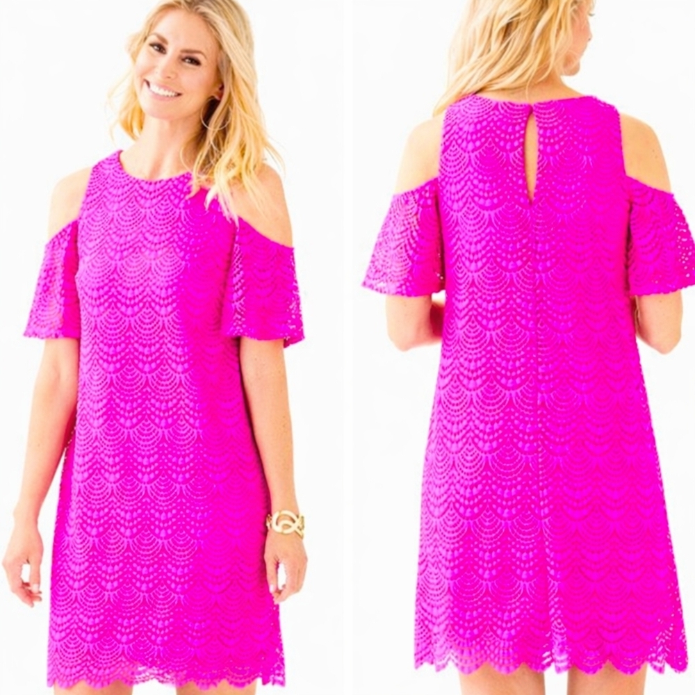 Women’s Hot Pink Cold-Shoulder Lace Shift Dress